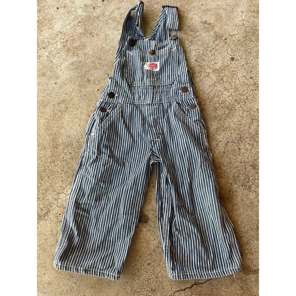 Vtg RoundHouse Bib Overalls Stripped Youth Kids Size 4 Farming Made In USA